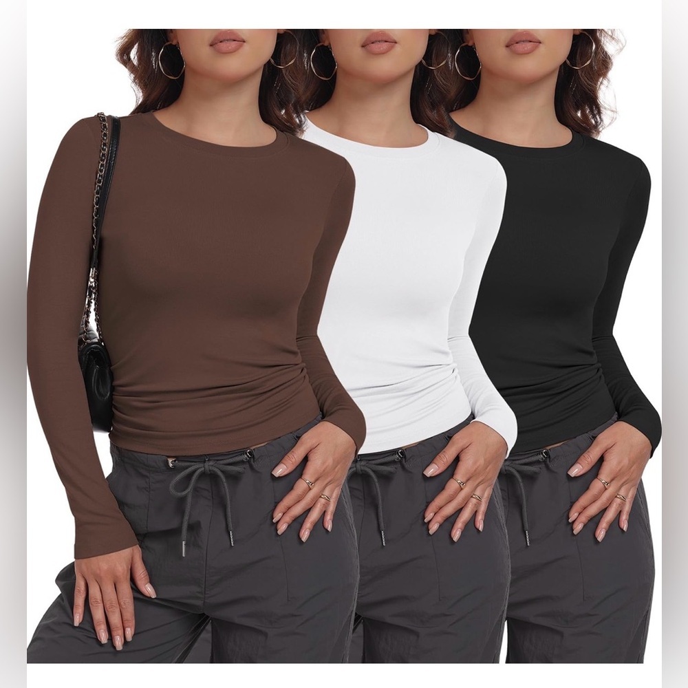 🆕3 Pack Womens Long Sleeve Crew Neck Basic Stretchy Shirt